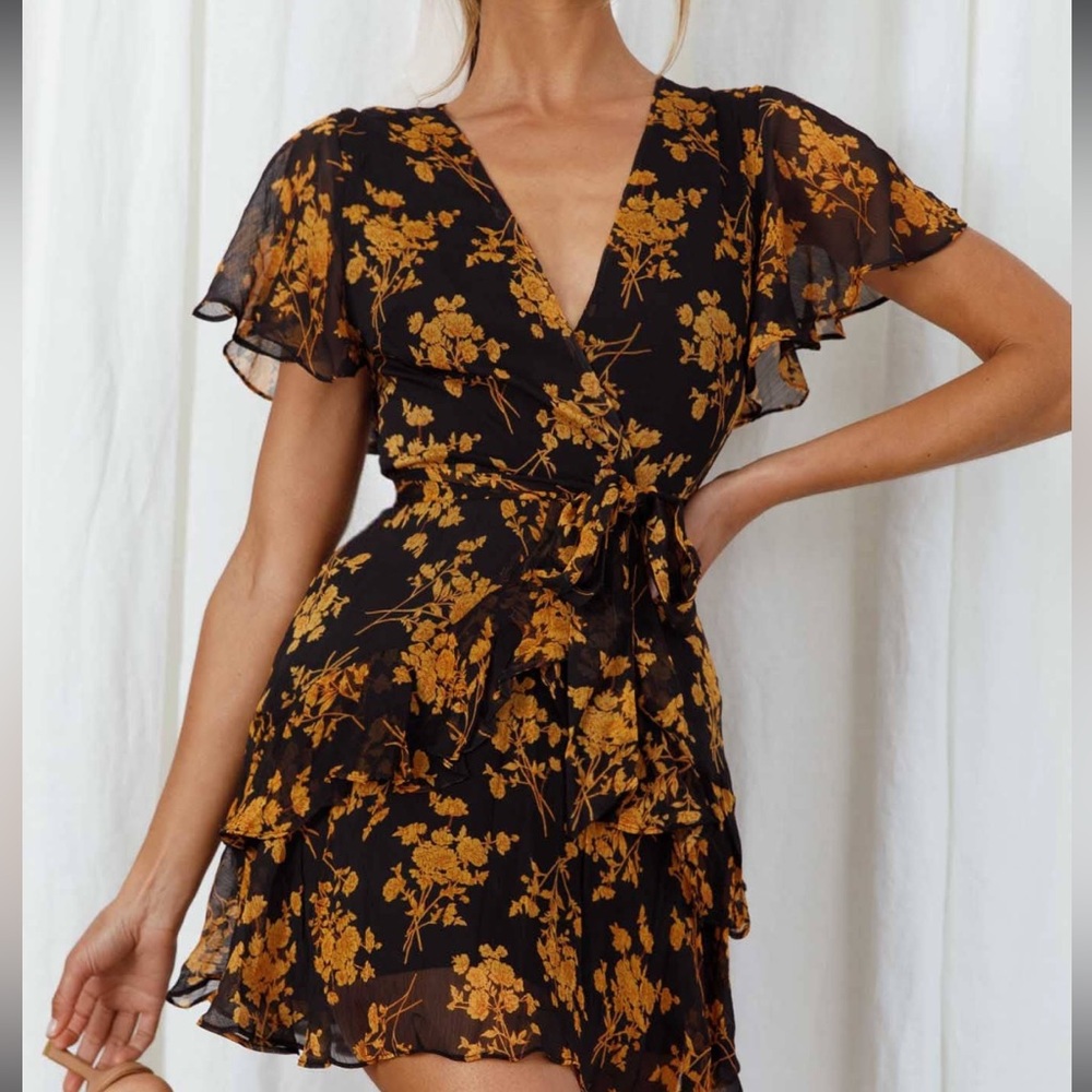 Floral Fall Orange Floral and Black Faux Wrap Dress